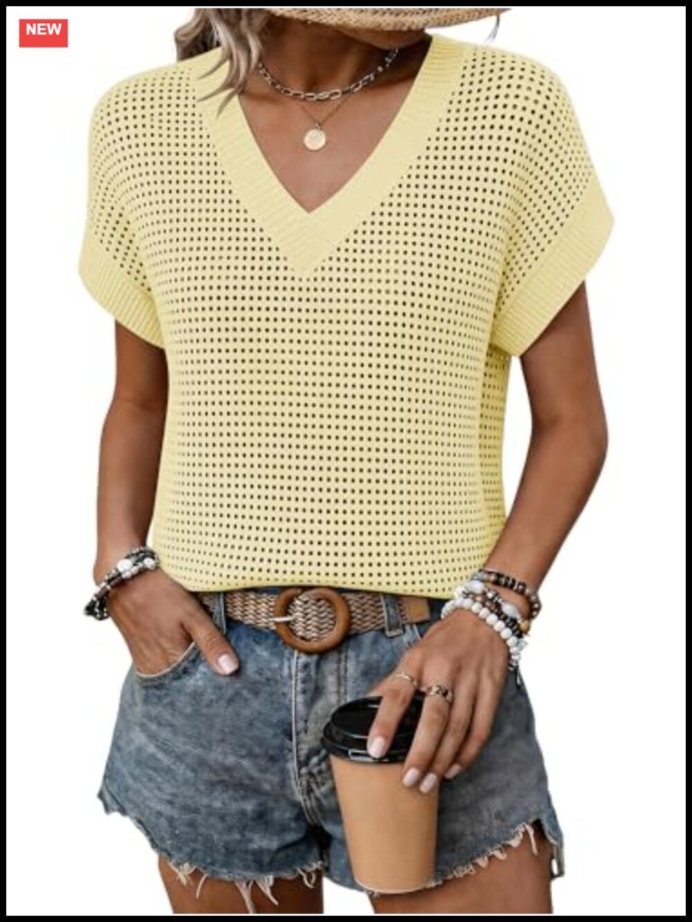 Women Crochet Sweater Vest Cap Sleeve V-Neck Lightweight Knit Pullover Top